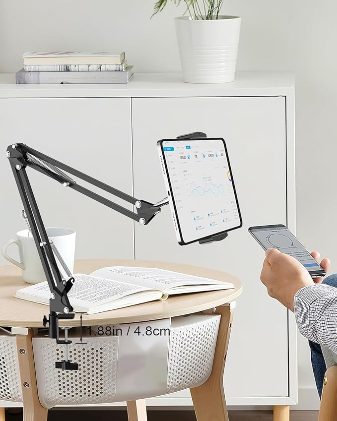 Tablet Floor Stand with 11lb Stable Base & Desk Clamp, Adjustable Height Stretchable Arm Swivel Dual Holder, Compatible with iPhone, iPad Pro Air Mini, Galaxy Tab, Kindle, Phones (4.5''-13'')