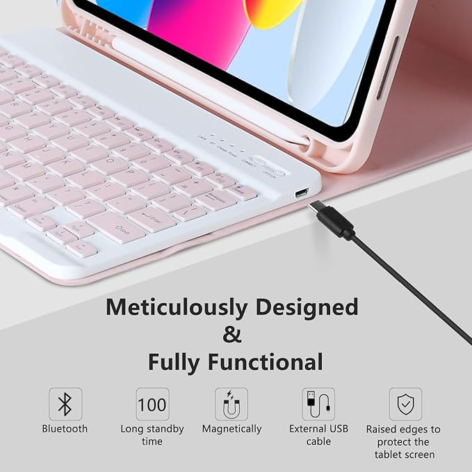 MMK iPad A16 Case (2025, 11"), iPad 10th Generation Case with Keyboard (2022, 10.9"), Wireless Detachable Keyboard, Pencil Holder (Pink)