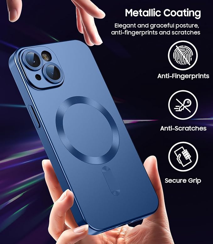 Magnetic for iPhone 14 Plus Case [Compatible with MagSafe][Built-in Camera Lens Protector] Slim Soft Silicone Bumper Shockproof Metallic Luster Phone Case (Blue)