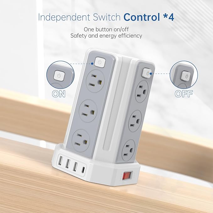 Power Strip Surge Protector, 10 Ft Extension Cord with 12 AC Multiple Outlets 4 USB (1 USB C), SMALLRT Power Tower Desktop Charging Station (White, 16.4 FT)