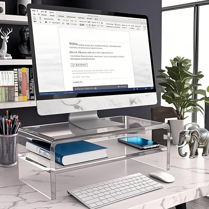 Acrylic Monitor Stand, 2 Tier Computer Monitor Stand Riser，20 inch Acrylic Computer Monitor Stand Riser for iMac, PC, Desktop, Laptop, TV Screen with Extra Storage Space Home Office