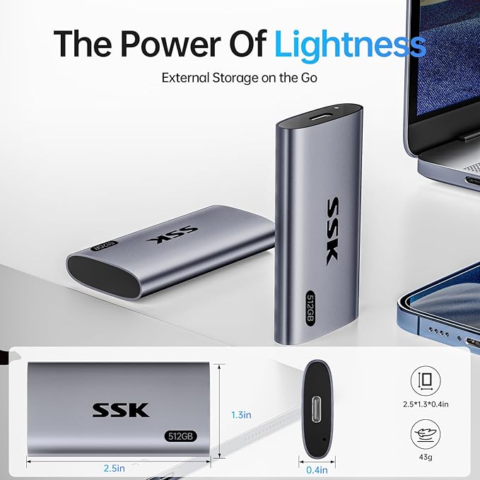 SSK 512GB SSD External Hard Drive, Portable SSD Up to 550MB/s Fast Solid State Drives External, USB 3.2 Gen2 for iPhone 15/16 Pro, Win, Mac, Android with LED Light, Trim, Smart Supported