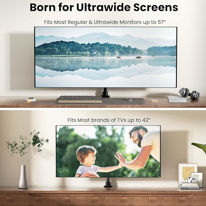 Monitor-Arm Ultrawide Heavy Duty 24-57'' - Aluminum Single Monitor Mount Holds up to 59.4lbs, Adjustable Desk Mount Stand, VESA75/100/200mm, Black