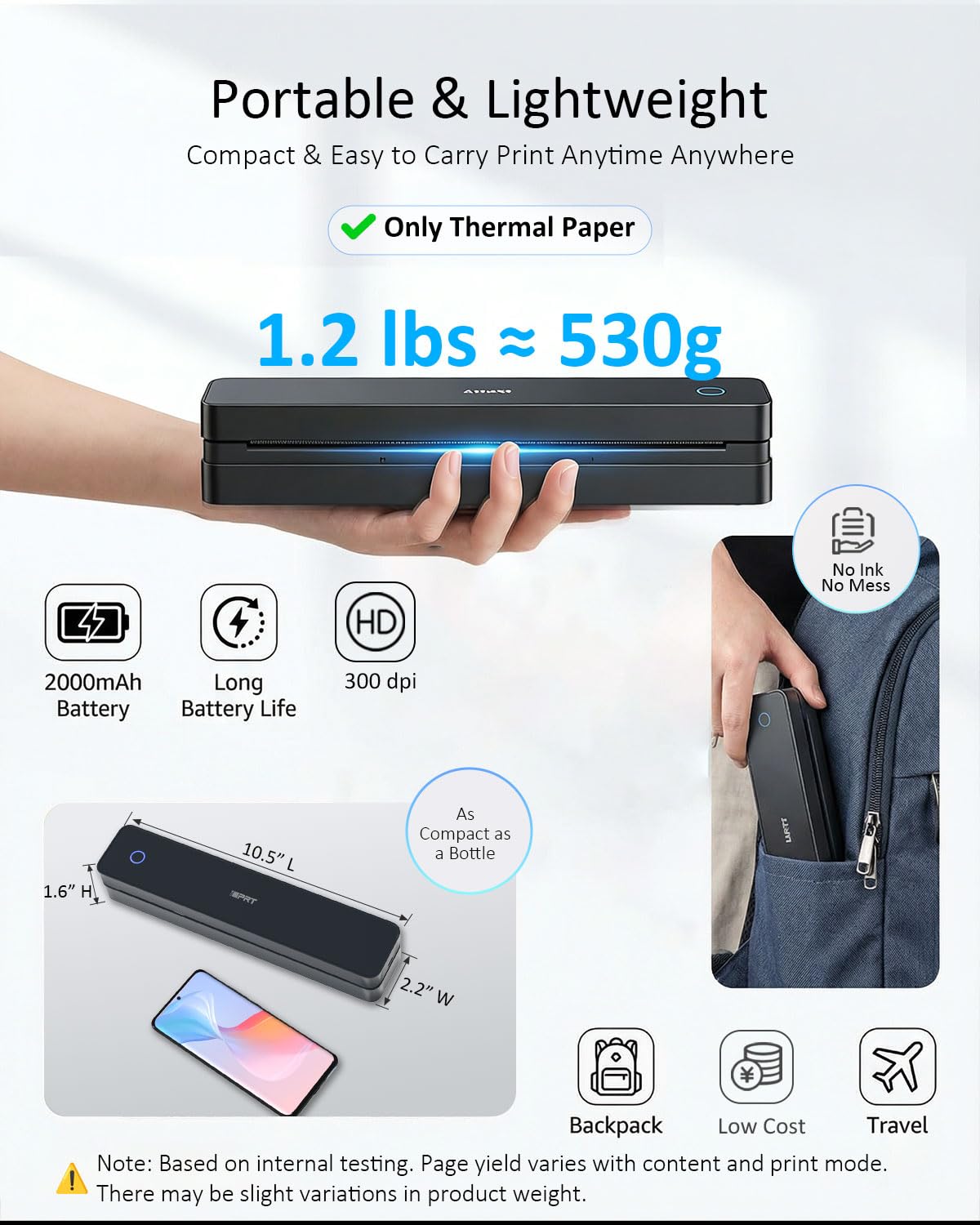 Inkless Portable Printer for Travel, Wireless Thermal Printer Supports 8.5 x 11" US Letter, A4, MT610Pro 300DPI Small Bluetooth Printers Compatible with iOS Android Laptop for Home Office Car, Black