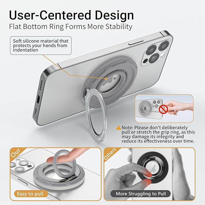 OPSO Magnetic Phone Ring Holder for MagSafe, 360 Degree Rotation Silicone Finger Ring Grip Stand Holder, Adjustable Kickstand, Compatible with iPhone 16 15 14 13 12/Pro/Max, Samsung and All Smartphone