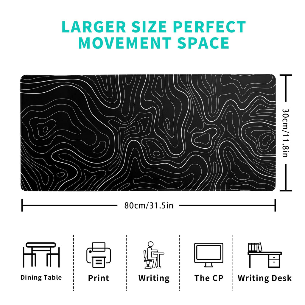 Topographic Contour Black Gaming Mouse Pad XL Geographic Map Lines Extended Big Large Desk Mat Non-Slip Rubber Base Stitched Edge Long Keyboard Mousepad for PC Computer Laptop,31.5x11.8 Inch