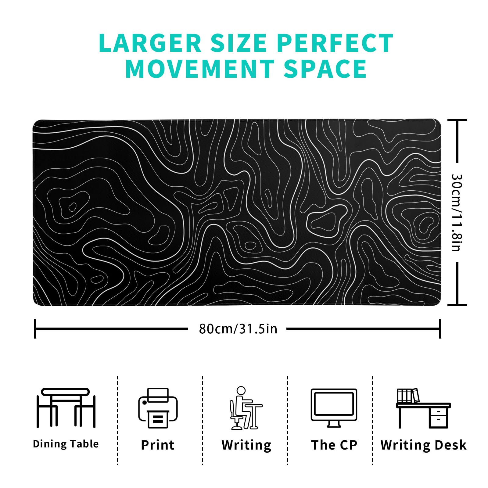 Topographic Contour Black Gaming Mouse Pad XL Geographic Map Lines Extended Big Large Desk Mat Non-Slip Rubber Base Stitched Edge Long Keyboard Mousepad for PC Computer Laptop,31.5x11.8 Inch