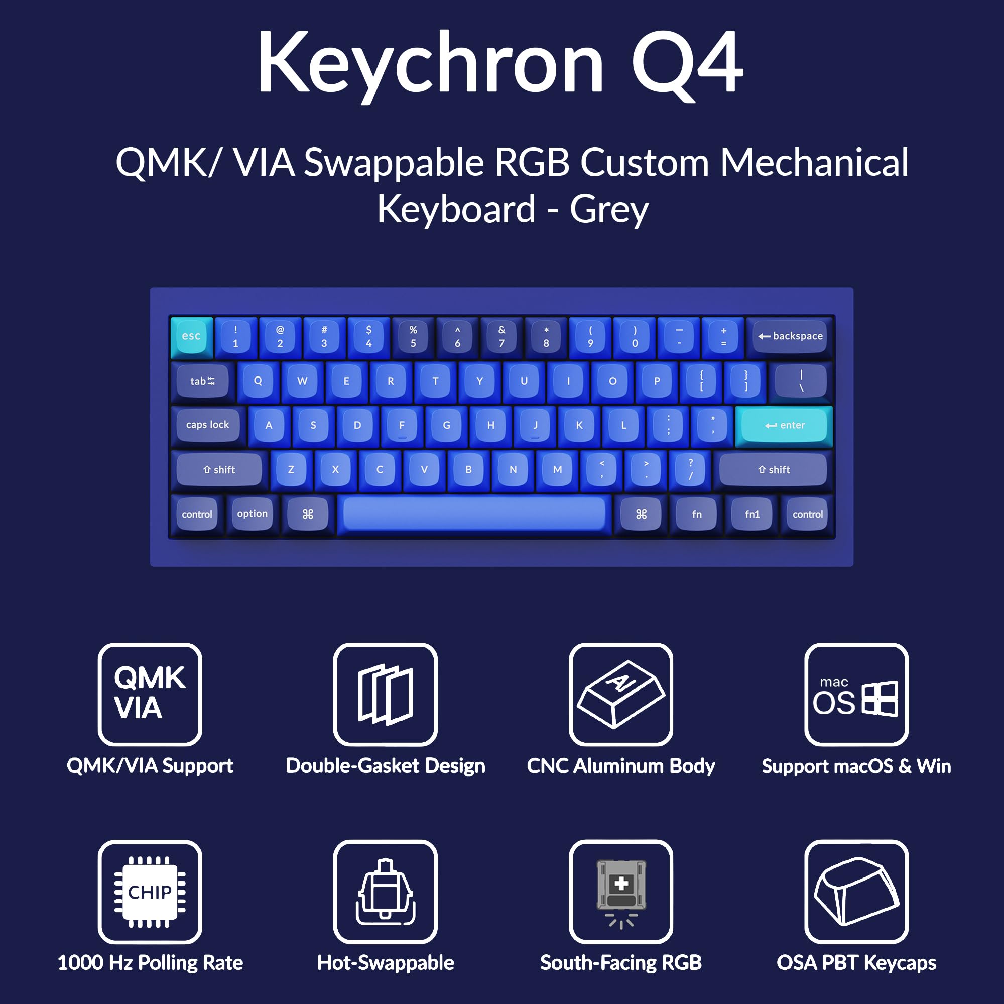 Keychron Q4 Wired Custom Mechanical Keyboard, 60% Layout QMK/VIA Programmable Macro with Hot-swappable Gateron G Pro Brown Switch Double Gasket Compatible with Mac Windows Linux(Navy Blue)