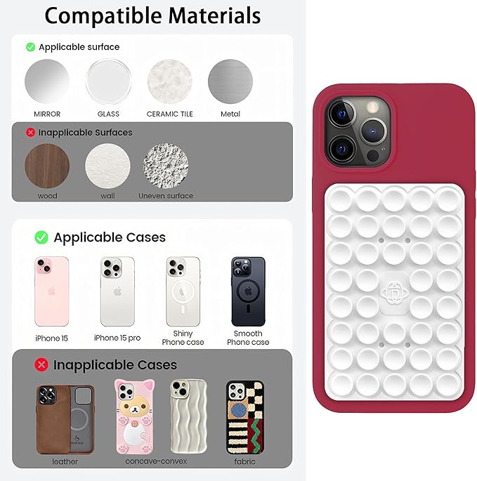 Silicone Double-Sided Suction Phone Grip Detachable Mount - Car Dashboard/Shower Phone Holder, Hands-Free For Selfies & Videos, ASMR- iphone & Android Compatible (Large, White+Colorful Stripes)