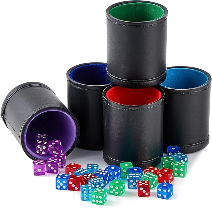 5 Pack Black Leather Dice Cups with Colorful Velvet Felt-Lined Interior and 30 Matching Colorful Transparent Dices