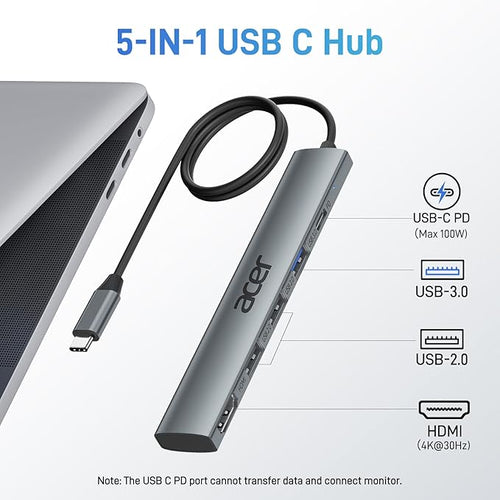 Acer 5 in 1 USB C Hub with 4K HDMI, 100W Power Delivery, 3 USB A Data Ports