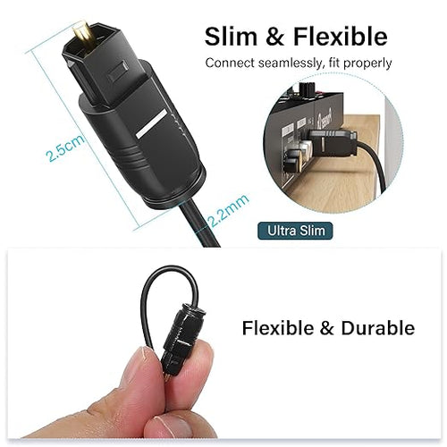 Adoreen Ultra-Thin Slim Digital Optical Audio Cable 8 FT/2 Pack, Fiber Optic Toslink SPDIF Cord Gold-Plated High-Speed Flexible & Durable for TV Soundbar Home Theater Game Console PS4 Xbox +Ties