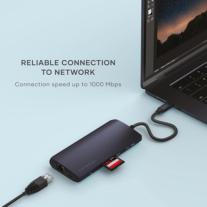 Satechi 8 in 1 USB C Hub Multiport Adapter V3, 8K HDMI, 100W Charging, 4 USB Data Ports, Ethernet, SD Card Reader, for Laptop, for Mac/Windows, MacBook Pro/Air M4/M3/M2/M1, iPad, iPhone 16 - Midnight