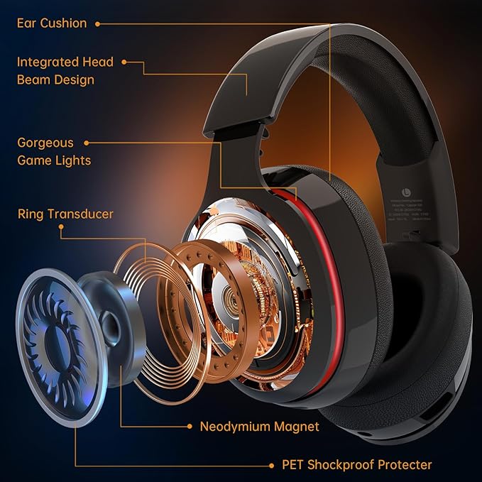 2.4GHz Wireless Gaming Headset for PS5, PS4 Fortnite & Call of Duty/FPS Gamers, PC, Nintendo Switch, Bluetooth 5.3 Gaming Headphones with Mic, Stereo Sound, Red Light -BlackRed