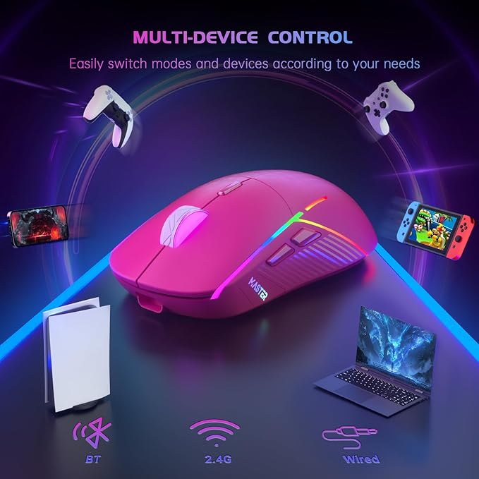 FFJ Wireless Gaming Mouse, 24000 DPI, Tri-Mode 2.4G/USB-C/Bluetooth 5.3 Gaming Mouse Wireless, RGB Programmable Mouse Gamer, 75Hrs Battery Life, Rechargeable Gaming Mice for PC, Mac, PS5, Xbox-Magenta
