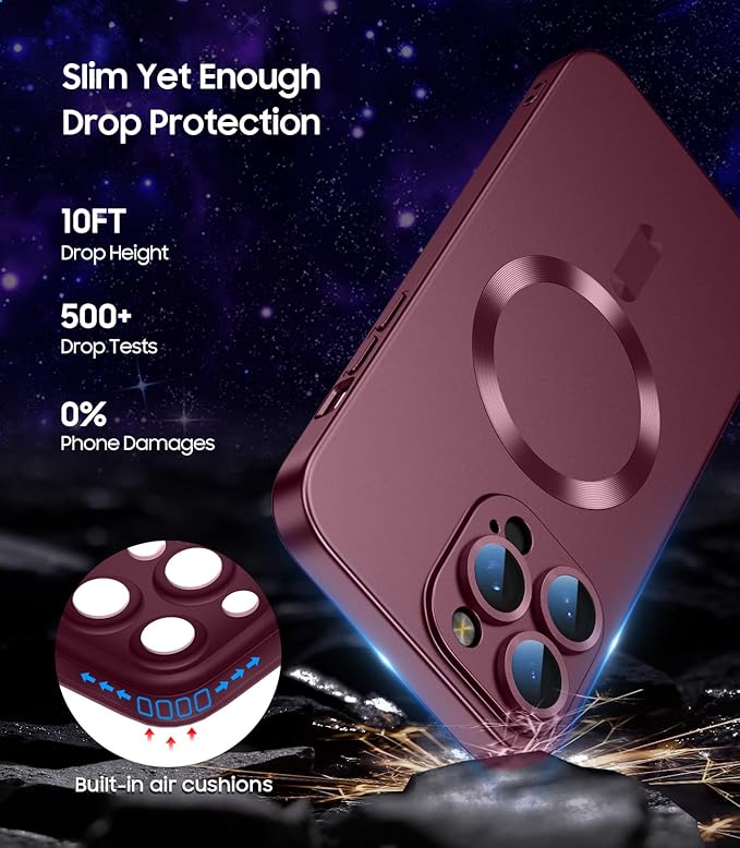 Magnetic for iPhone 16 Pro Case [Compatible with MagSafe][Built-in Camera Lens Protector] Slim Soft Silicone Bumper Shockproof Metallic Luster Phone Case (Burgundy)