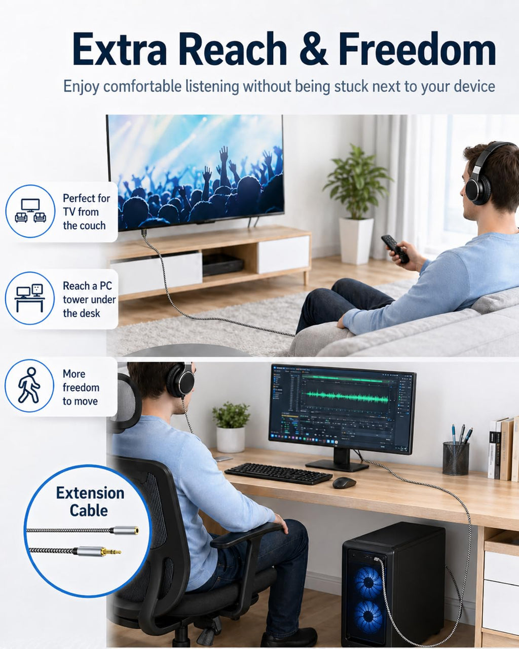 MORELECS Headphone Extension Cable 10ft - Aux 3.5mm Extension Cable Male to Female, 1/8 Inch TRS Stereo Audio Jack Extender for Car, Speaker, TV, PC (Audio Only, No Mic)