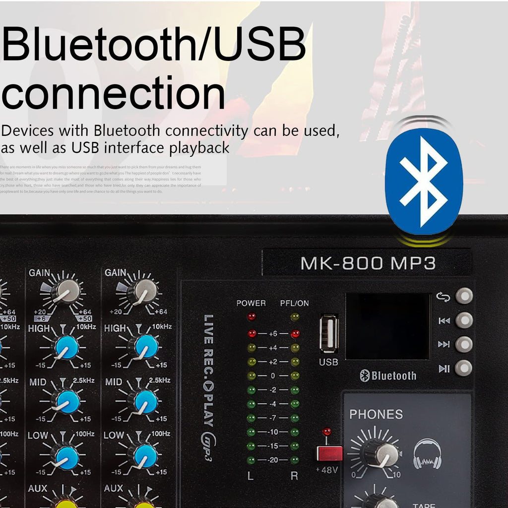G-MARK MK800MP3 Professional Audio Mixer Sound Board 8 Channels Mixing Console with MP3 Player +48V Phantom Power Digital USB Bluetooth Reverb DJ Mixer Audio for PC Karaoke Stage Studio Recording