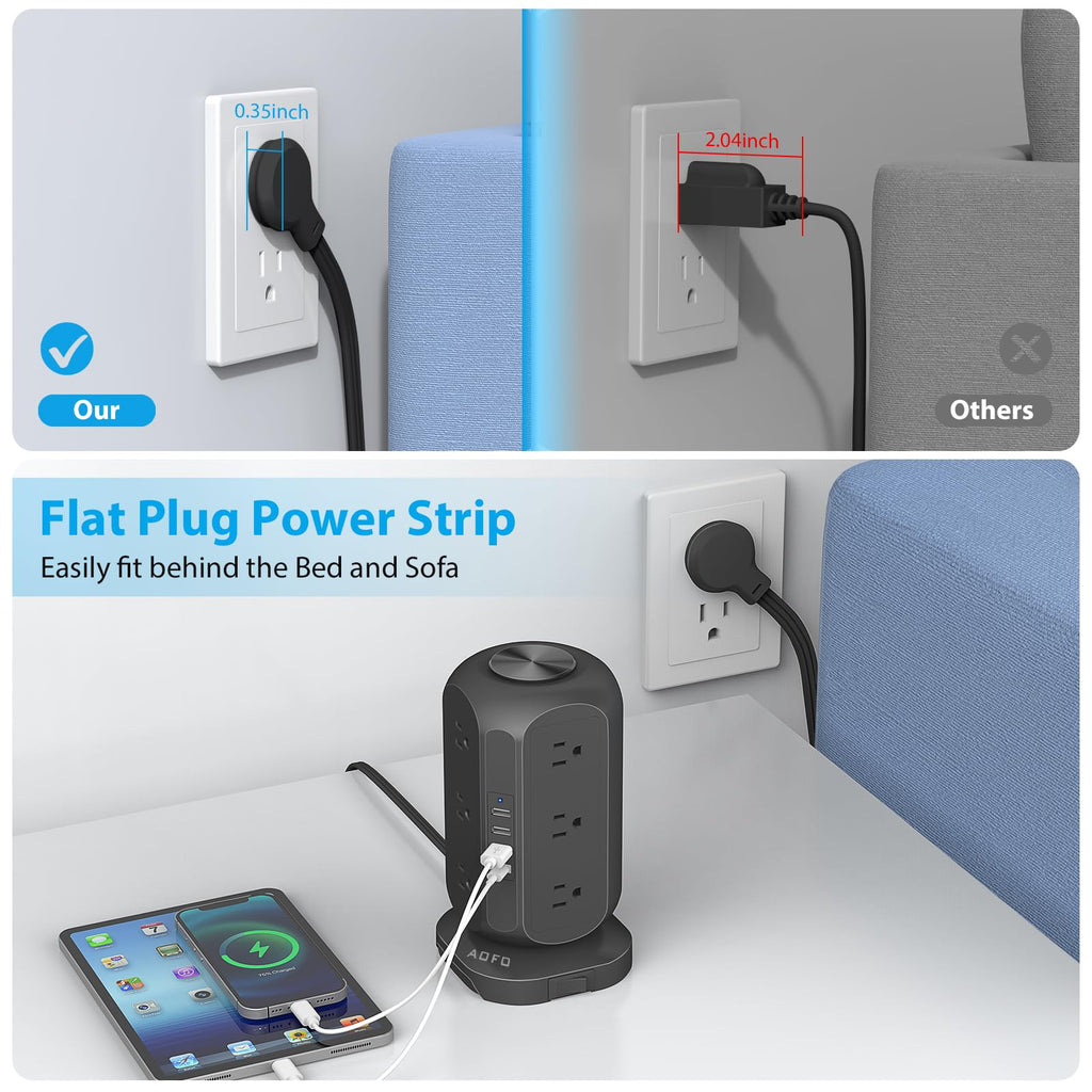 Power Strip Tower AOFO 12 AC Outlets with 4 USB(1 USB C) Ports Charging Station with Overload Protection, Widely Spaced Multiple Outlets with 10Ft Extension Cord for Home,Dorm & Office