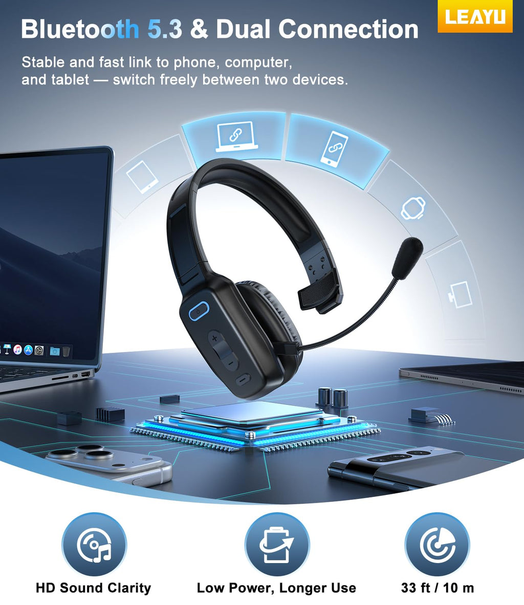 Trucker Bluetooth Headset, 60-Hour AI Noise-Canceling Mic for Driving