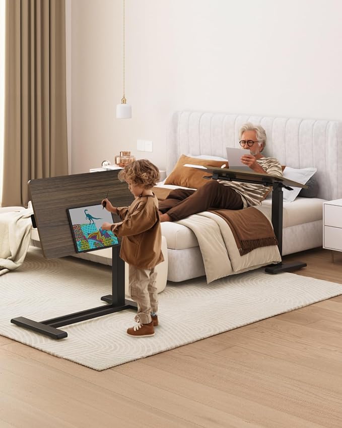 FLEXISPOT H7 PRO Mobile Standing Desk Adjustable Overbed Table Pneumatic with Wheels 90°Tiltable Portable Laptop Desk Rolling Computer Cart Foldable Bedside Table(31.5" W x 17.7" D, Rustic Brown)