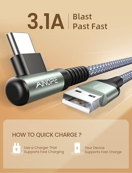 AINOPE USB C Cable 0.5ft, 3.1A Type C Charger Fast Charging Cable Right Angle, Durable Nylon Braided USB C Charging Cable Compatible with Galaxy S10 S9 Plus S21, Note 10 9 LG, Type C Charger Cable