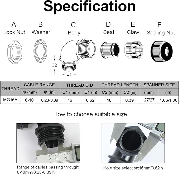 LeMotech M20 Cable Gland, 90 Degree Adjustable 9-14mm Strain Relief, Cord Connectors Nylon Joints with Gaskets, 6 Pcs, Black