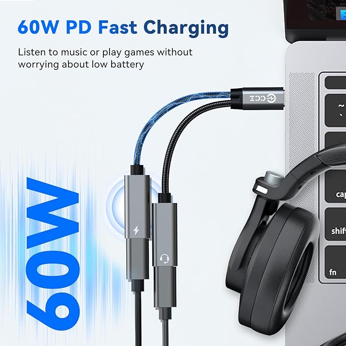 2PCS USB C Headphone Splitter,CCZ CA01 USB C to Type C Headphone Jack and Charger Adapter, 1 in 2 out Dongle Hi-Res DAC Audio Cable with PD 60W Fast Charging for Samsung Galaxy S25 S24 S23 (USBC-USBC)