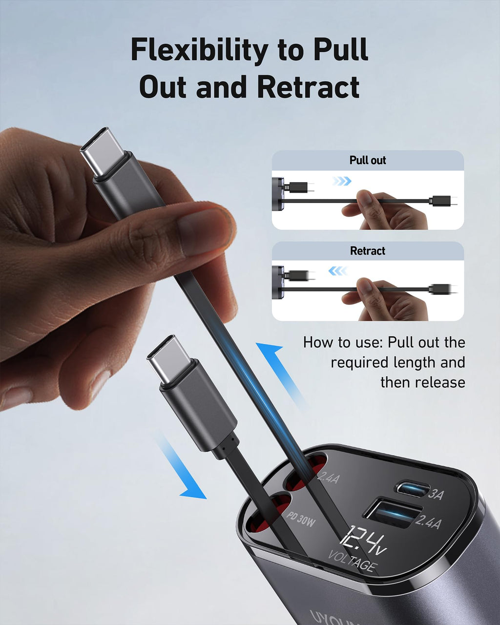 Car Phone Charger Retractable Car Charger 4 in 1 Fast Charger 30W Double