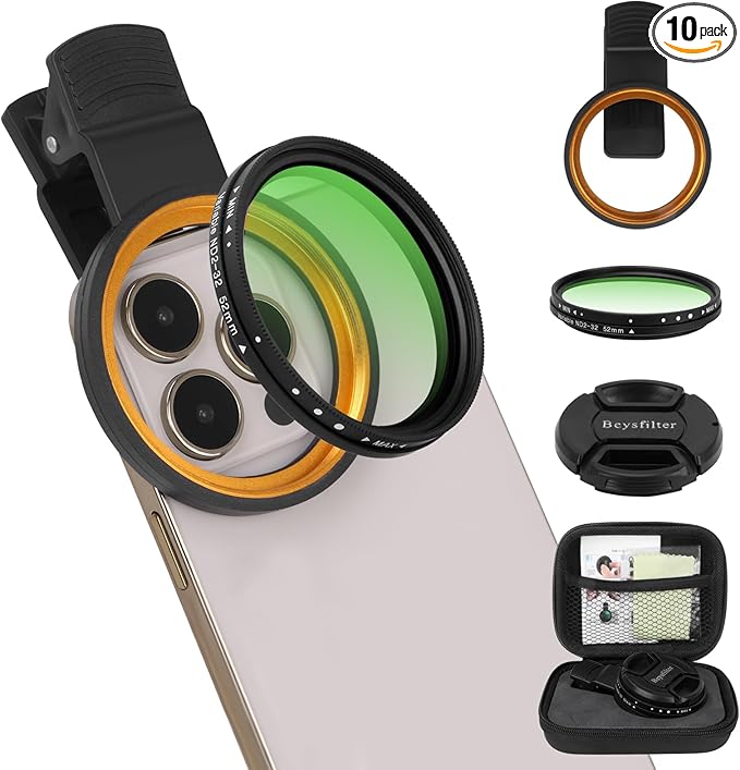 52MM Variable ND2-32 Filter for Phone, Multi-Coating Clip-On Variable Neutral Density Lens Kit, Compatible with iPhone 16/15/14/13 Pro Max, Samsung Galaxy, Google Pixel and Other Smartphone