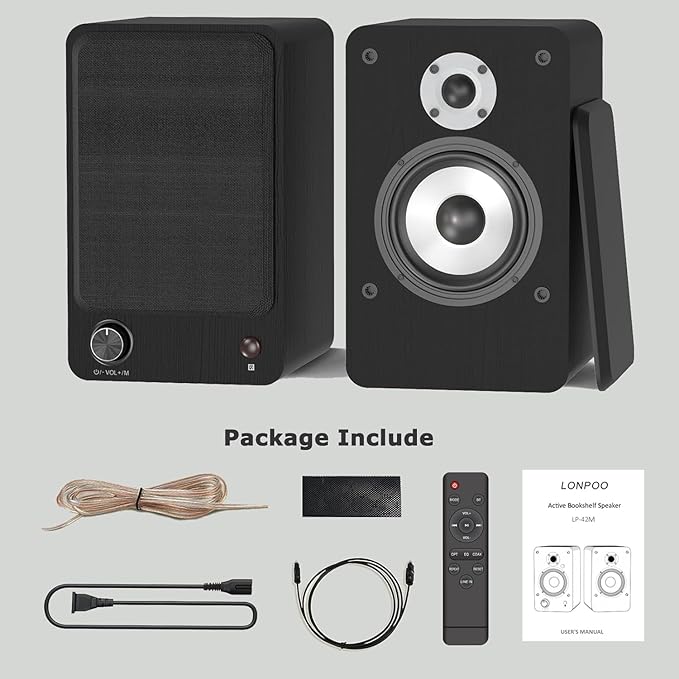 LONPOO Powered Bookshelf Speakers for Record Player,2.0CH Bluetooth Active Near Field Monitors with 1-inch Silk Domed Tweeter and 4-inch Aluminium Speaker for Home Theater, 100 Watts RMS