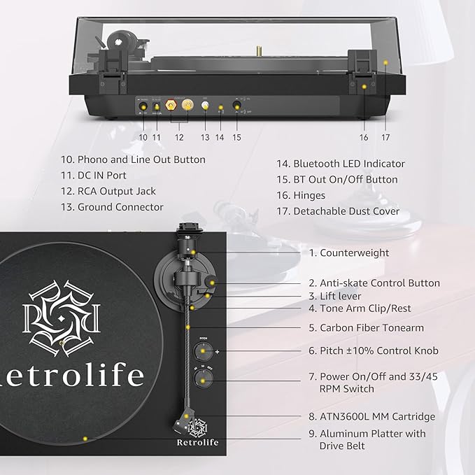 Record Player Wireless Output Turntable Carbon Fiber Tonearm Vinyl Player Aluminium Platter Belt-Drive LP Turn Tables 2 Speed RPM Phono RCA Line Output AT-3600L MM Cartridge Audio Sound Pure Black