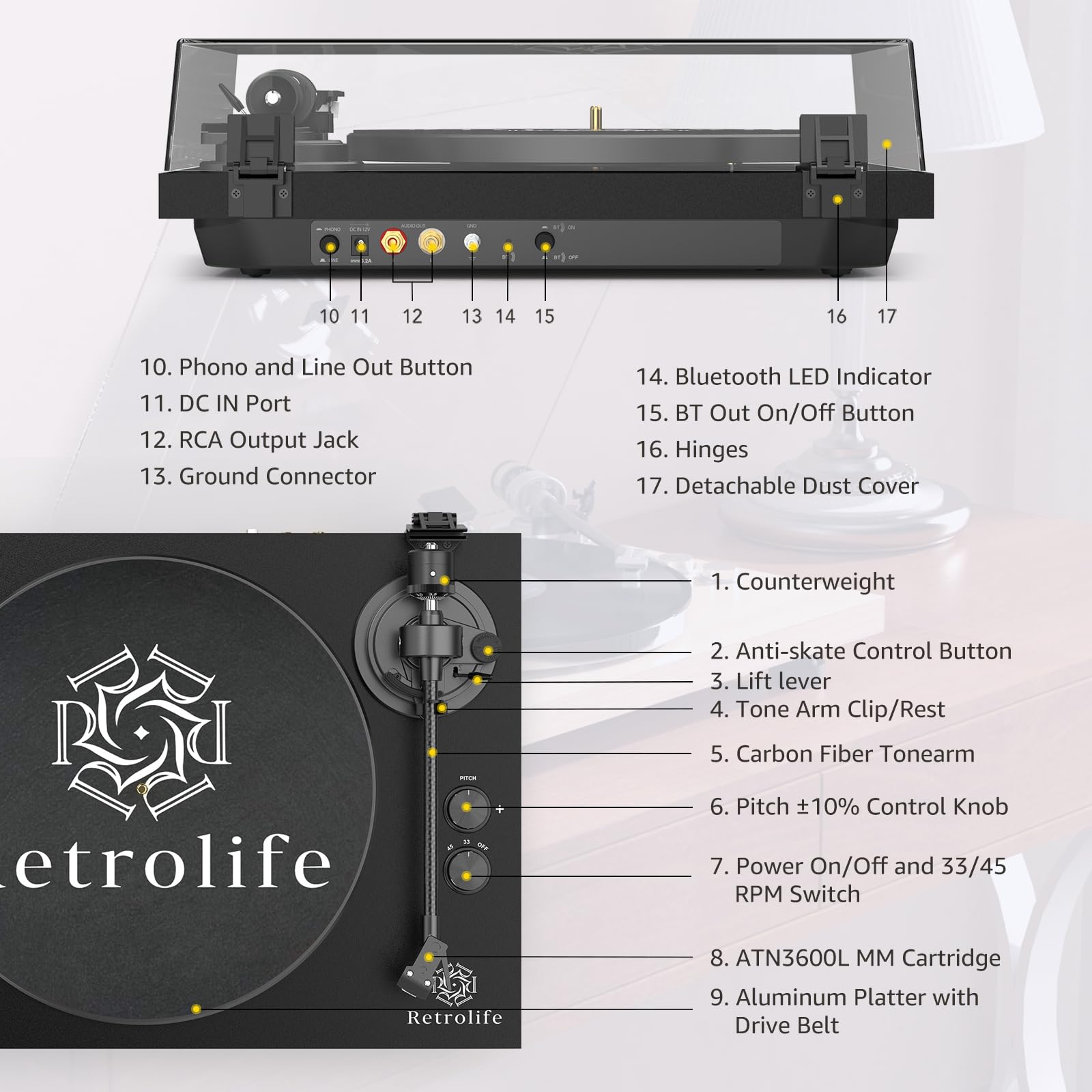 Retrolife Record Player Wireless Output Turntables AT-3600L Cartridge Black