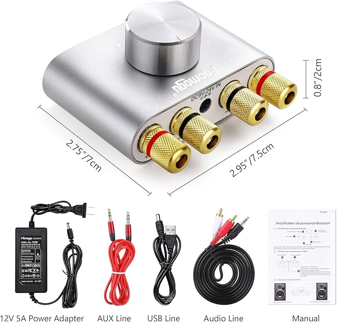 Facmogu F900S 160W Bluetooth 5.0 Mini Amplifier, 80Wx2 2.0CH Audio Power Amplifier, Hi-Fi Stereo Sound Digital Amp Wireless Speaker Amp Receiver w/AUX/USB/BT Input & 12V 5A Power Adapter - Silver
