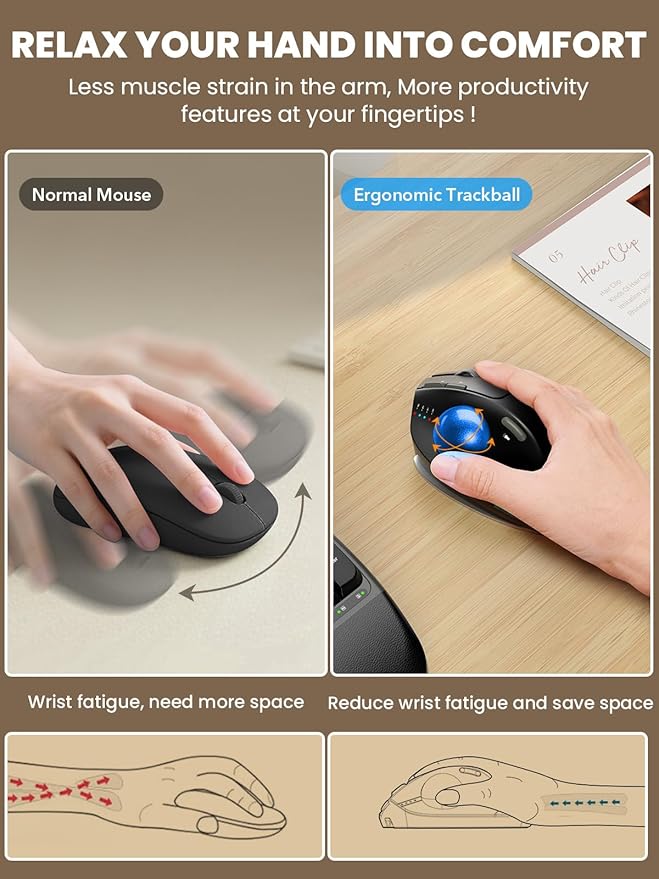 Wireless Trackball Mouse, Ergonomic Bluetooth Rechargeable Computer Mouse, Backlit Rollerball Thumb Laptop mice with 5 Level DPI, Adjustable Angle, 3 Devices Connection for PC, Windows - Blue Ball