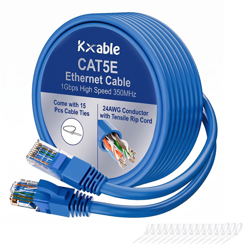 Cat5e Ethernet Cable 50 FT, Long Cat 5e Internet Cable, Yellow Snagless Patch Cord, Flexible, Network, LAN, PoE, Standard RJ45 Connector for PC, Server, Router, Modem, TV, PS5 - with 15 Cable Ties
