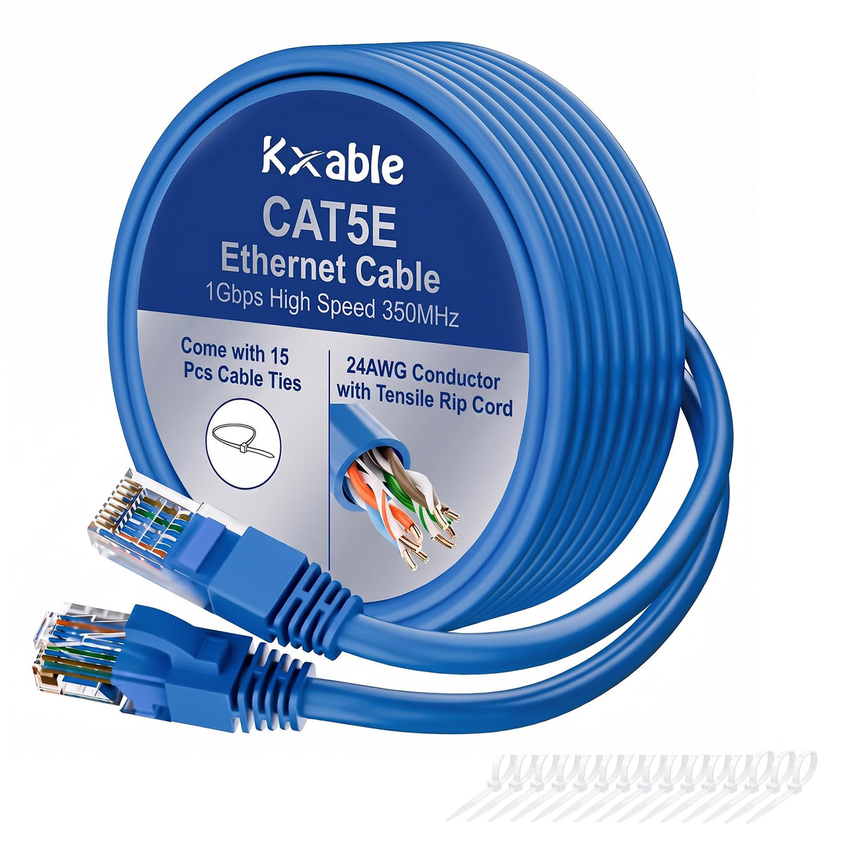 Cat5e Ethernet Cable 50 FT, Long Cat 5e Internet Cable, Yellow Snagless Patch Cord, Flexible, Network, LAN, PoE, Standard RJ45 Connector for PC, Server, Router, Modem, TV, PS5 - with 15 Cable Ties