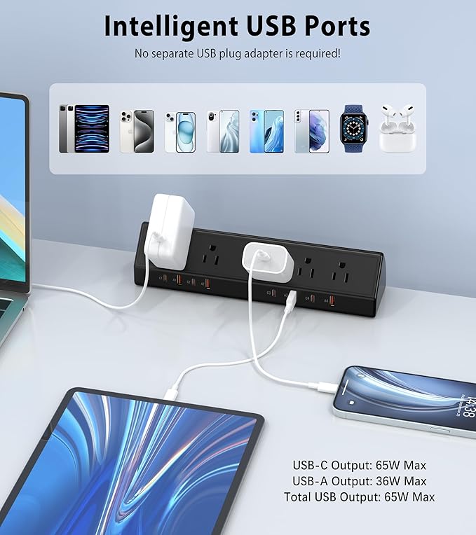 Desk Clamp Power Strip 65W Fast Charging Station,4 PD USB-C,5 Outlets,Nightstand Desk Edge Mount Tower Surge Protector,15 Amp Heavy Duty Power Strip,Fits 1.96" Tabletop Edge (Black, 6 FT Cable)