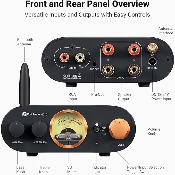 Fosi Audio MC101 Bluetooth Stereo Amplifier Home Audio Component Mini Amp with VU Meter 2 Channel HiFi Receiver for Passive Speakers with Bass Treble Tone Control Vintage All Aluminum Alloy Build