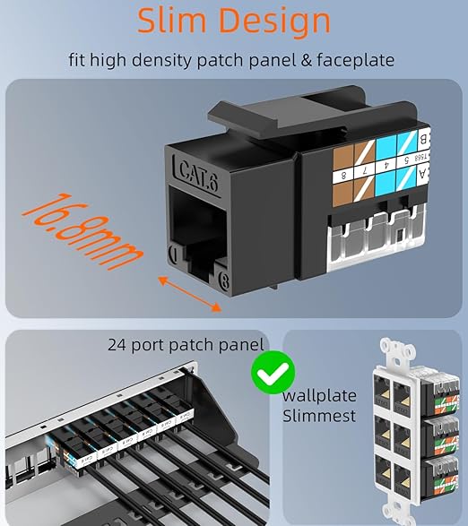 Rapink RJ45 Keystone Jack Cat6 10G Support, Cat6 Keystone Jacks UTP 50 Pack for Wall Plate and Patch Panel, Rj45 Keystone 90 Degree Black Color for Cat 6, Cat5e, Cat5 Cabling