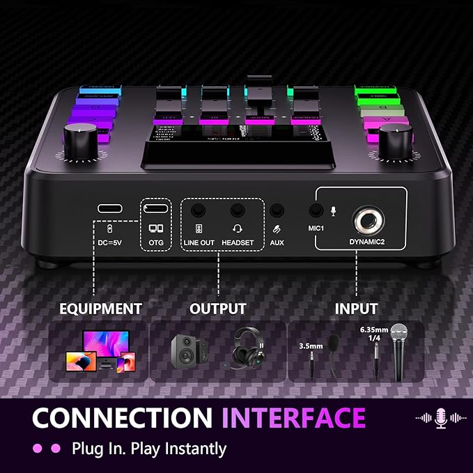 Pupgsis Gaming Audio Mixer, Audio Interface, Sound Board With Pro-Preamp, Noise Cancellation, RGB, Bluetooth, Volume Fader For Streaming/Podcasting/Gaming Maonocaster/Content Create, 6.35mm