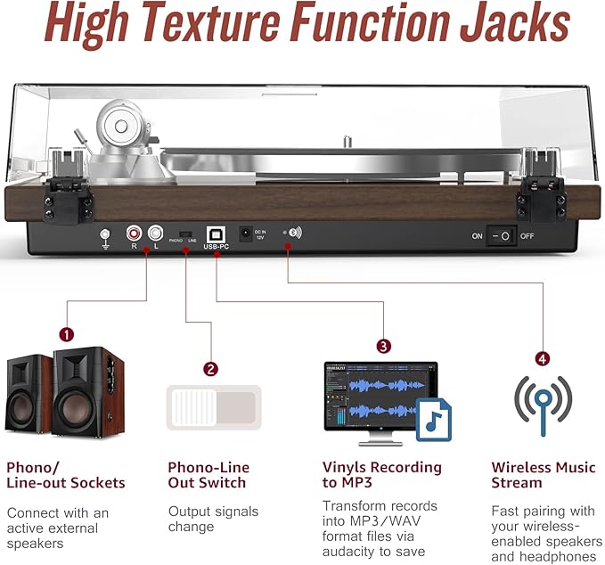 Turntable Record Player Wireless Output Vinyl Players Aluminium Platter and Tonearm Belt-Drive LP Turntables 33 45 RPM Phono Audio AT-3600L MM Cartridge RCA Line USB Digital to PC Recording Dark Brown