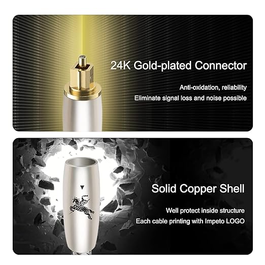 Digital Fiber Optic Audio Cable for Sound Bar Toslink Cord Male to Male 24K Gold Plated Connector Optical Audio Cable 6ft 10ft S/PDIF Glass Core, 6.56feet/2M IMP-2201
