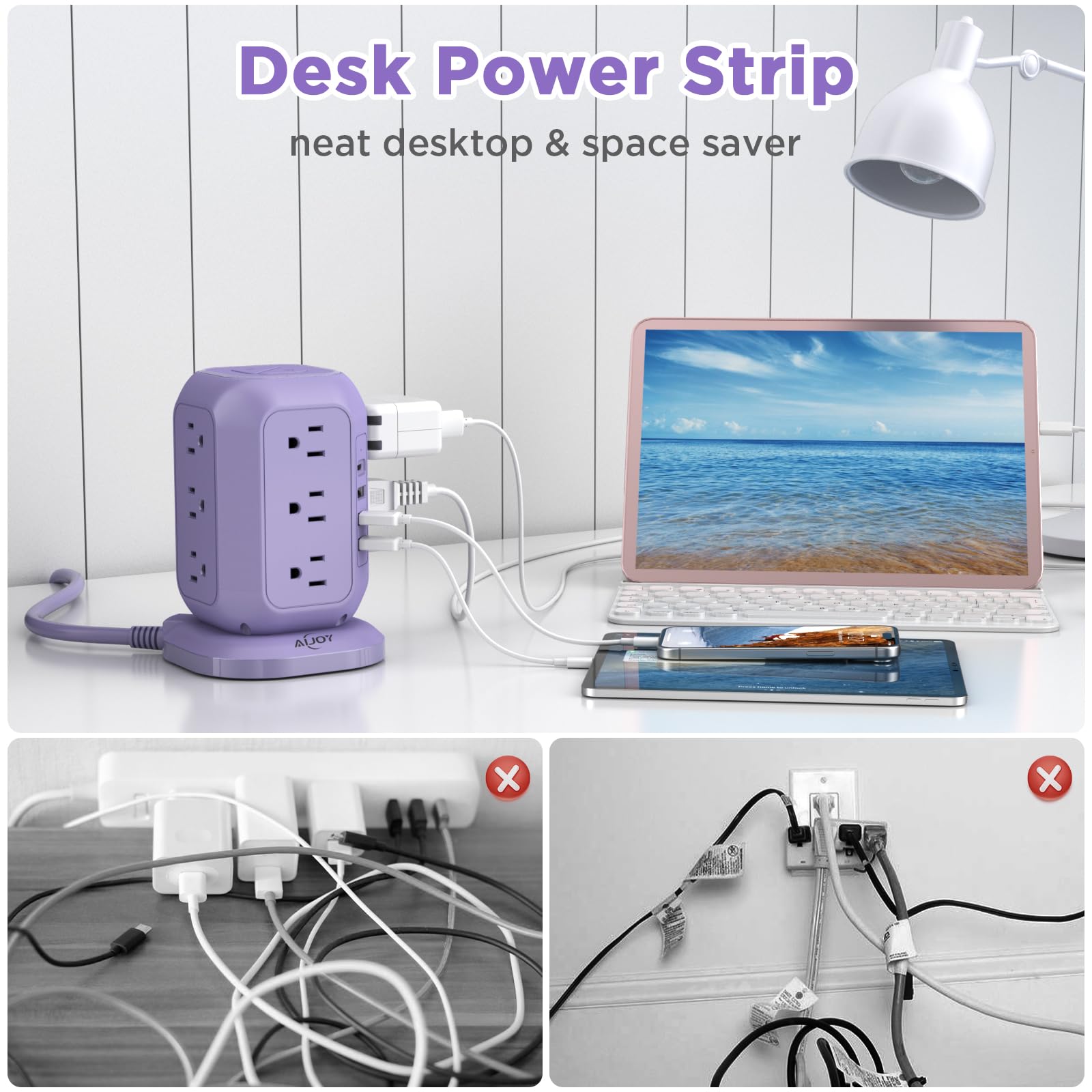 AiJoy USB C Power Strip Tower with 12 AC Outlet and 4 USB Ports Purple