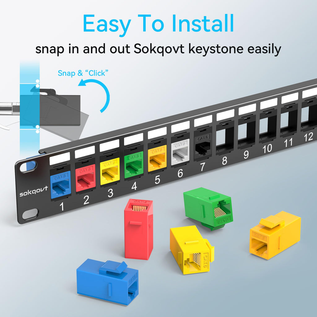Sokqovt 24 Port Blank Keystone Patch Panel with Snap-in Design, Cat6 Network Patch Panel 1U 19 inch, Rack Mount Ethernet Patch Panel (for Slim Keystone Only)