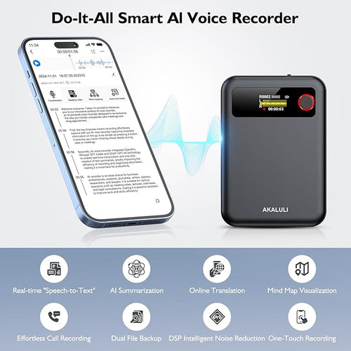 AI Voice Recorder with Transcribe Summarize: Note Voice Recorder with APP Control, 30H Continuous Recording, 64GB Memory Support 100+ Languages, AI Recorder for Calls, Lectures, Meetings
