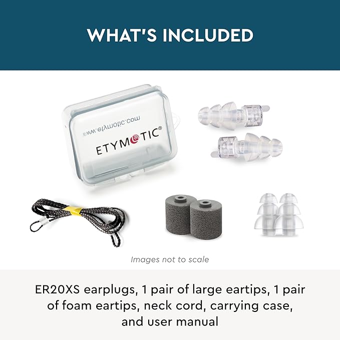 Etymotic ER20XS ETY Earplugs Set - High-Fidelity Hearing Protection - Up to 20 dB Sound Reduction - Reusable - Includes 1 Pair of Large, Standard, and Foam Eartips, Neck Cord & Case