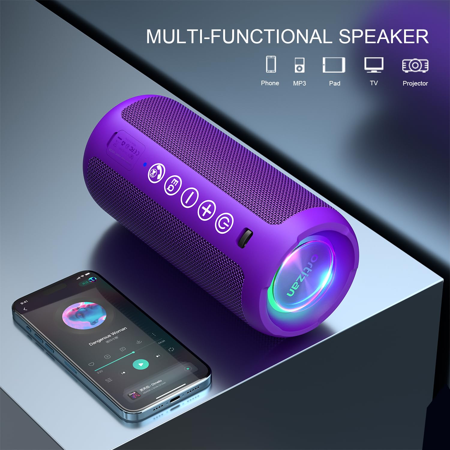 Ortizan Portable Bluetooth Speaker: IPX7 Waterproof, 24W Loud Sound, Deep Bass, Bluetooth 5.3, LED Lights, Wireless Stereo Pairing, 30H Playtime, for Home/Outdoor/Party/Beach, Birthday Gift, Purple