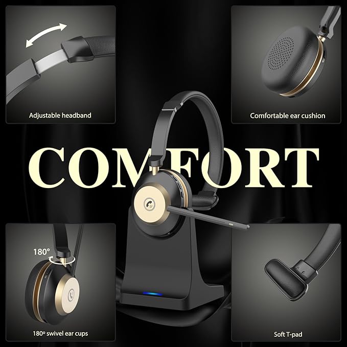 V5.3 Wireless Headset with Mic for Work, 45Hrs Computer Headset with Microphone, Bluetooth Headphones with Noise Cancelling Mic, Charging Base, USB Dongle & Mute Button for PC, Skype, Zoom