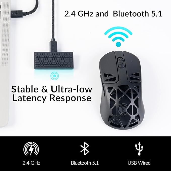 M3 Mini 4K Wireless Mouse Signature Edition 5.1/2.4 GHz/Wired Optical Mouse, Ultra-Lightweight 55g Programmable PixArt 3395 Sensor with up to 26,000 DPI/ 650 IPS for Windows Mac Linux - Black